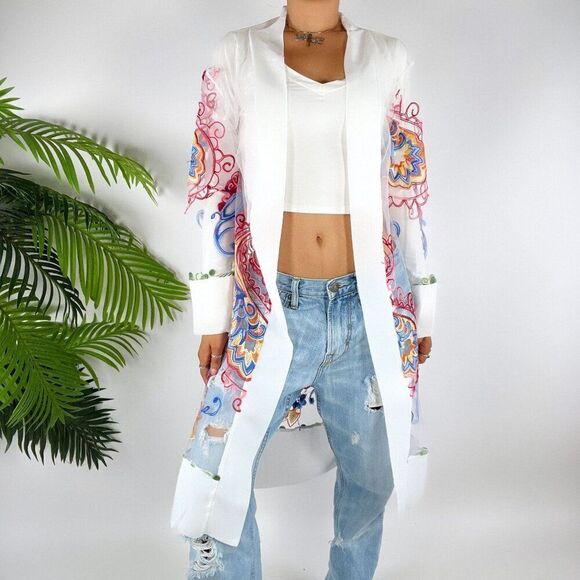 Vintage White Mesh Fairycore Bohemian Floral Embroidered Long Sleeve Cardigan /S - Picture 1 of 9